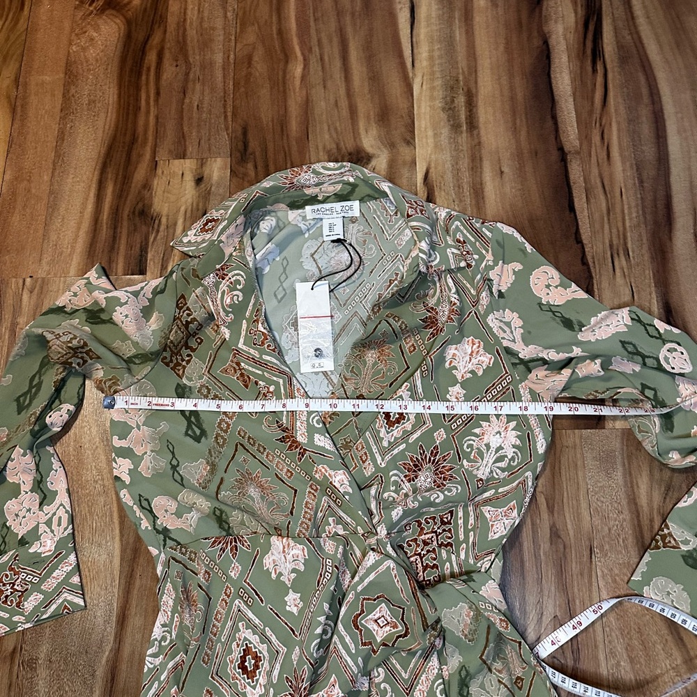 Rachel Zoe Wrap Dress Green Boho Print Long Sleeve Belted Tunic NWT Small - Picture 6 of 9